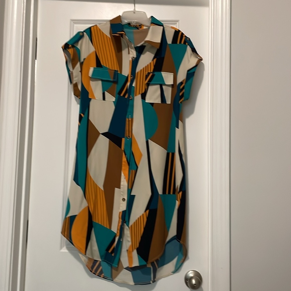 Abstract Geometric Print Shirt Dress SizeM Multicolor Block Pattern Casual Retro